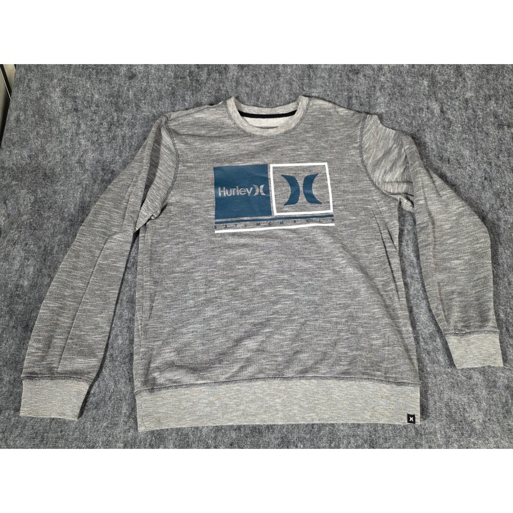 Mens Sweatshirt Large Gray Crewneck Box Logo Graphic Pullover Surf Hurley